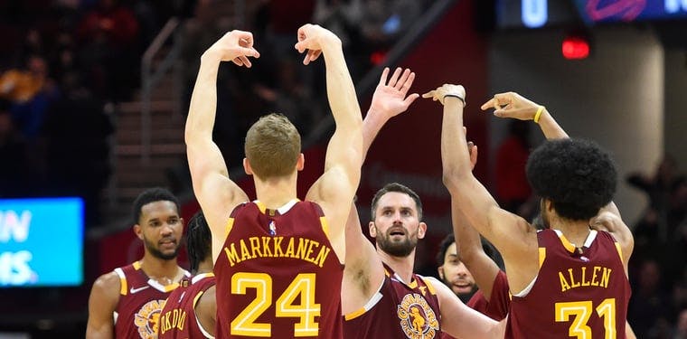 The Cavaliers celebrate in a 2021-22 NBA Regular season contest.