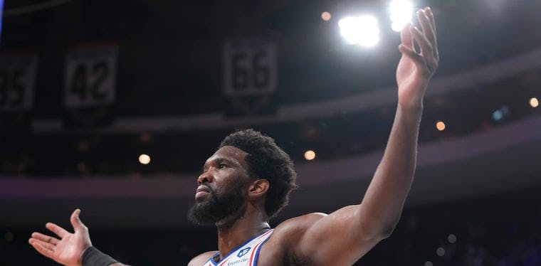 Joel Embiid of the Philadelphia 76ers reacts in to an And-one play late in the game against the Cleveland Cavaliers.