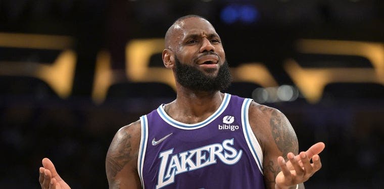 Los Angeles Lakers forward LeBron James (6) reacts after he was called for a foul 