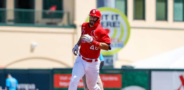 Paul Goldschmidt of the St. Louis Cardinals trots the bases after hitting a home run in Spring Training from Jupiter, FL.