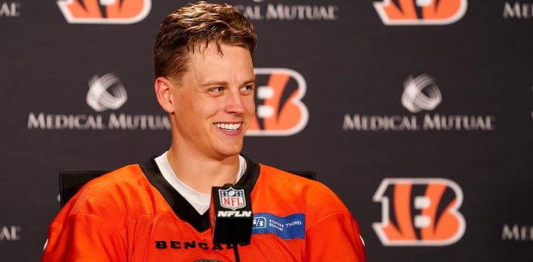 Bengals quarterback Joe Burrow takes questions from reporters at the conclusion of OTAs