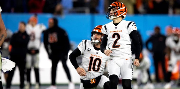Evan McPherson watches as he drills the game winning 52 yard field goal that sends the Cincinnati Bengals to the AFC Championship where they will face Kansas City.