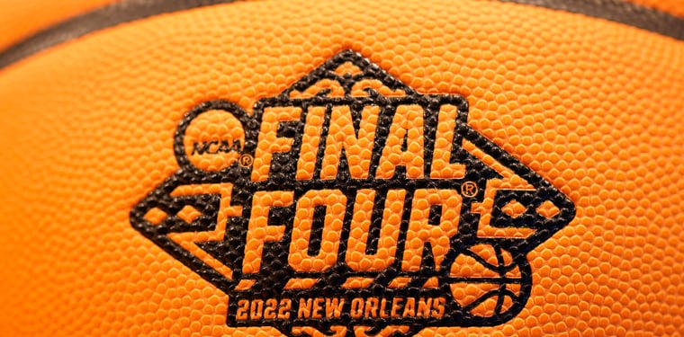 General view of the Final Four logo on a basket ball during practice the day before the start of the First Four from UD Arena in Dayton, OH.