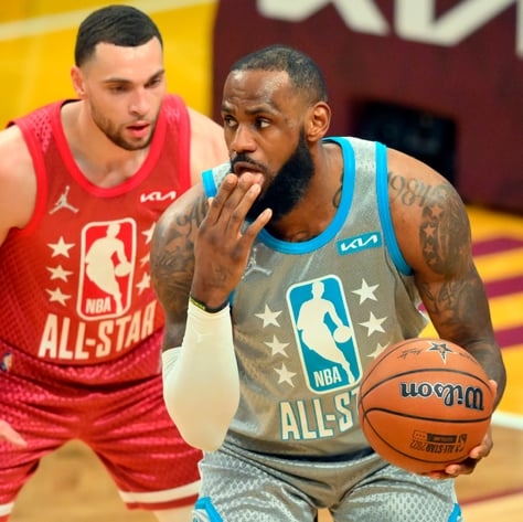 Lebron James prepares for the game winner in the NBA All Star game in Cleveland on February 19, 2022.